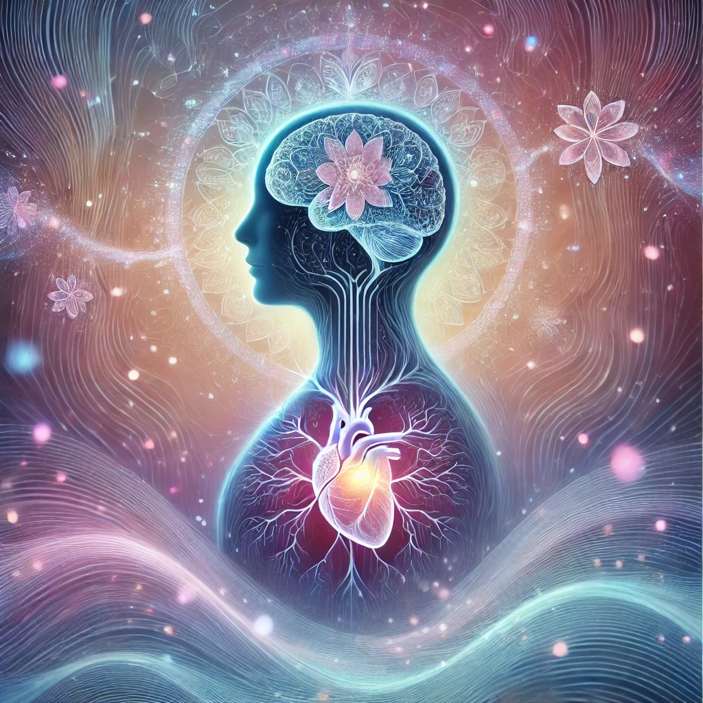 DALL·E 2025-03-05 01.23.25 - An artistic representation of bio-neuro-emotion therapy. A serene human figure surrounded by flowing energy lines in shades of blue, lilac, and pink, Acompañamiento