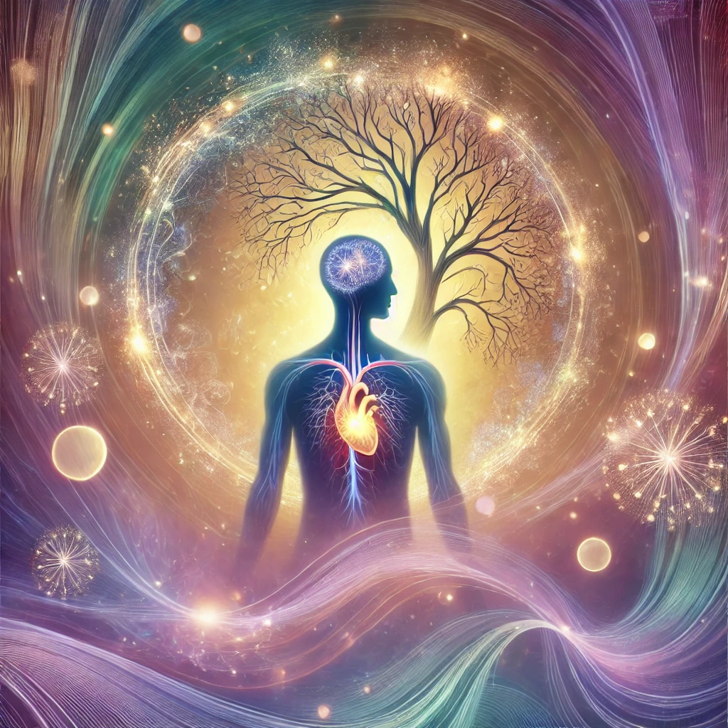 DALL·E 2025-03-05 01.24.14 - A symbolic representation of bio-neuro-emotion therapy. A peaceful human silhouette surrounded by a luminous aura, with delicate tree branches growing Acompañamiento